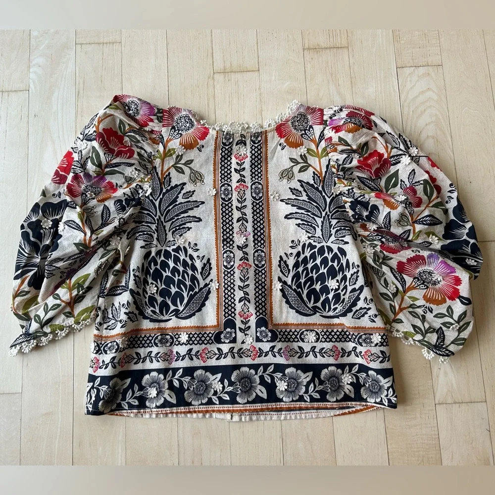 FARM Rio Romantic Garden Blouse 100% Cotton Tan w/Tropical Floral Print Sz Small - Picture 14 of 14